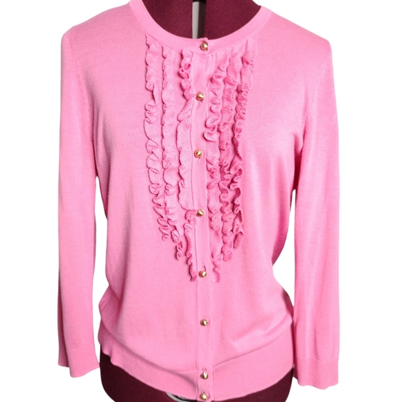 Talbots size M pink ruffle front cardigan sweater - Picture 1 of 6